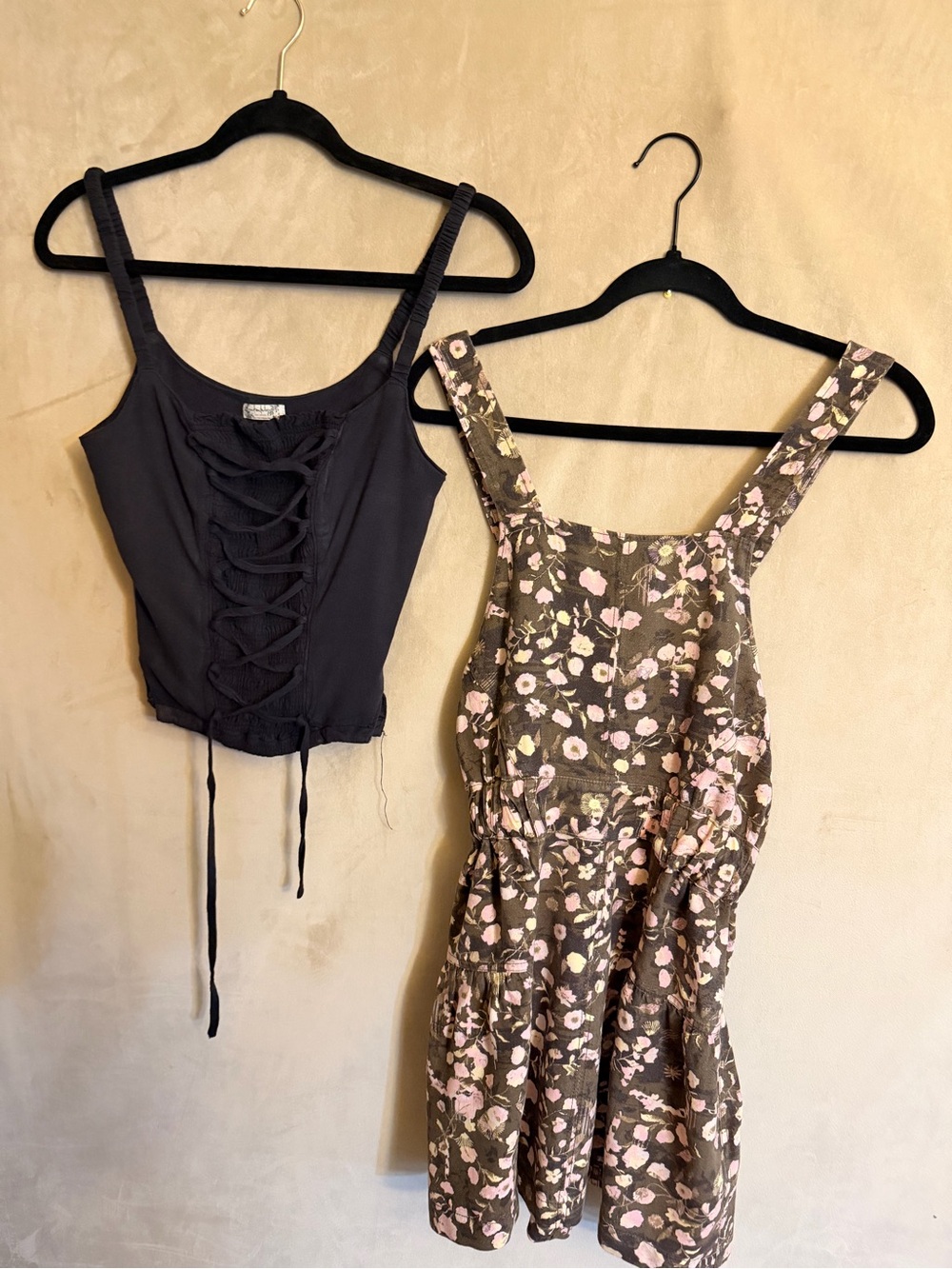 Free People Brown Floral Mini Overall Dress with Pink Blossoms
